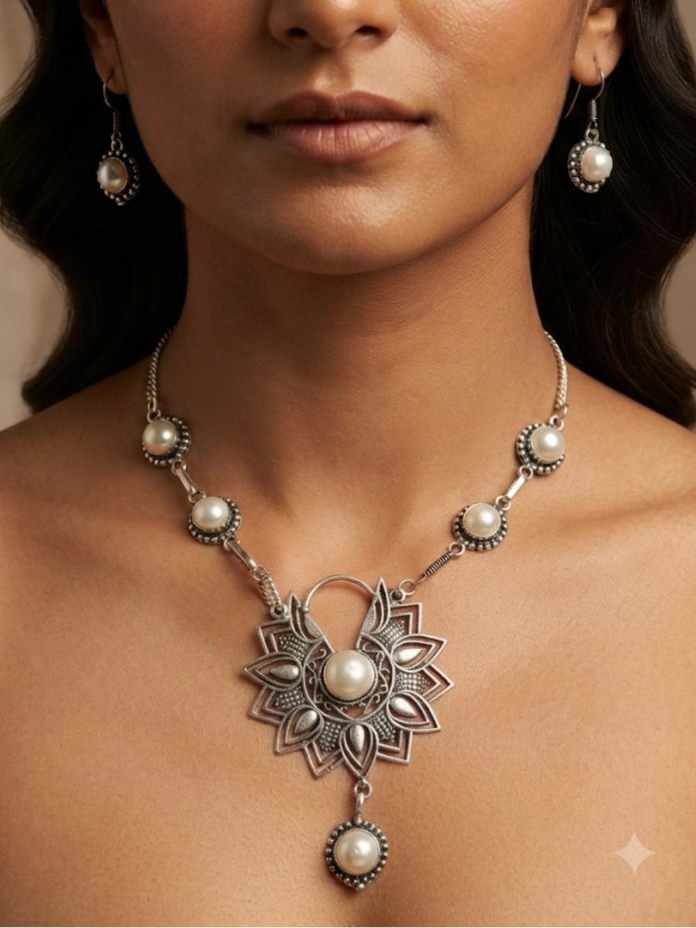 925 Indian jewelry set - natural white pearls in a floral lotus mandala motif.
